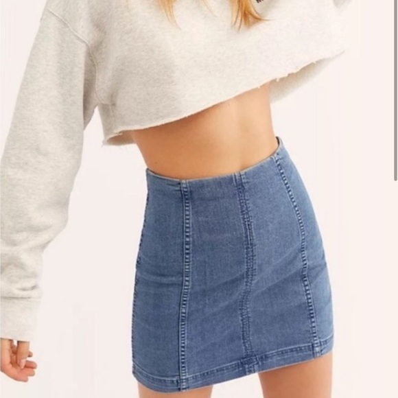 Free People Denim Mini Skirt Dark Wash - Picture 2 of 8